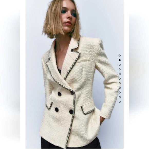Zara Jackets & Blazers - NWT…..ZARA Ecru Tweed and Black Topstitch Double Breasted Jacket